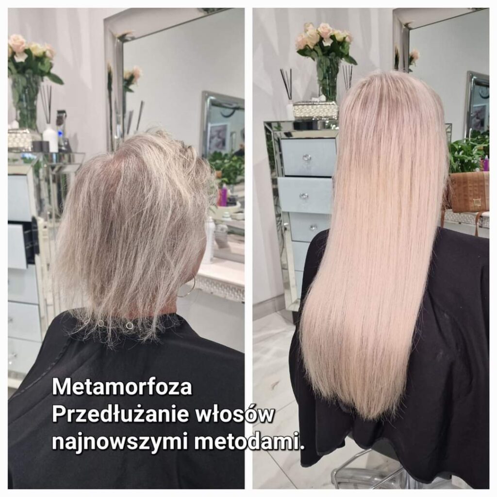 Magdalena Motyka – La Coiffure: Zdjęcie włosów przed i po profesjonalnym przedłużaniu autorstwa Mistrza Fryzjerstwa, ukazujące unikalny styl salonu w Płocku.